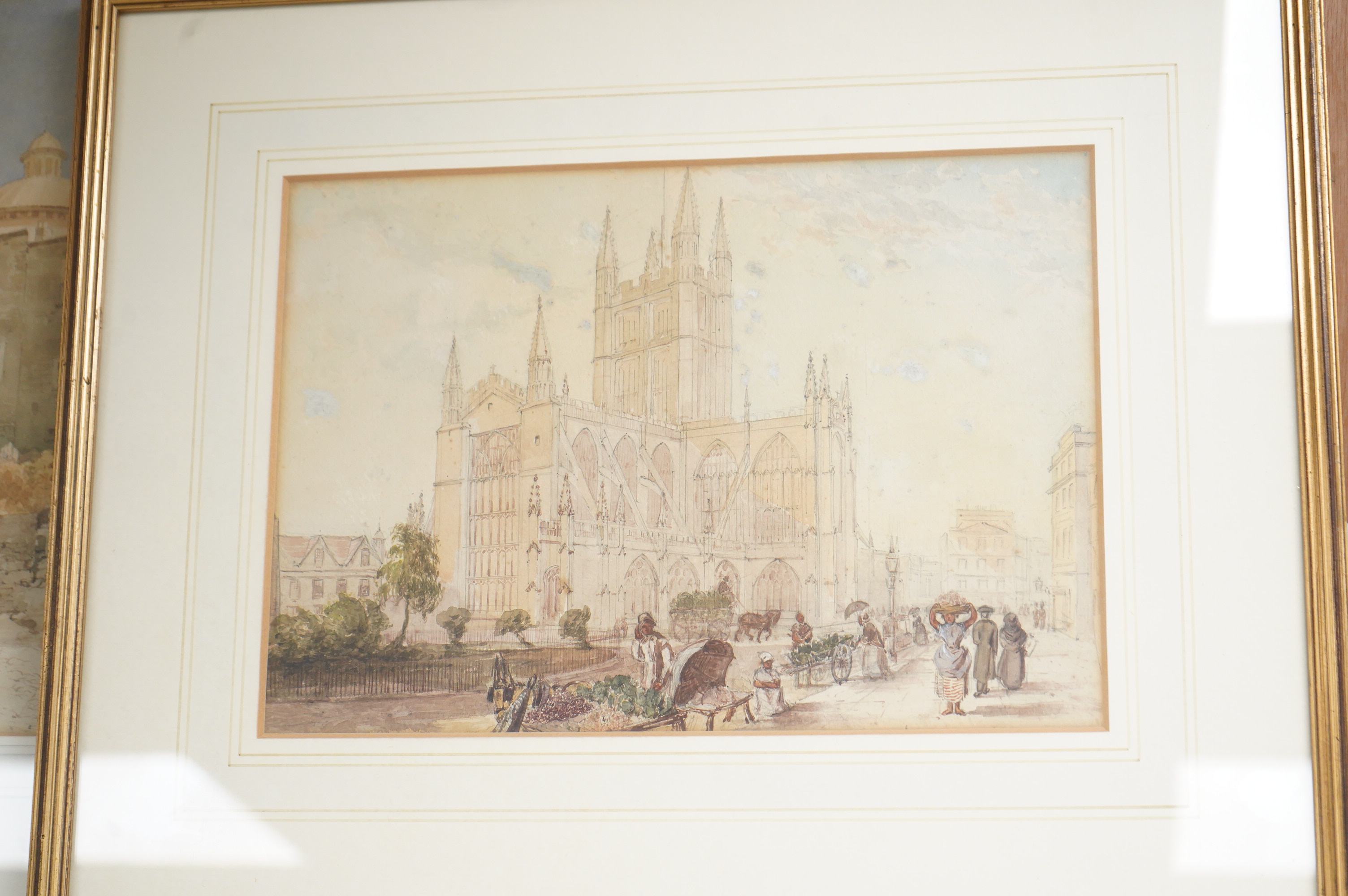Victorian School, Street scene with cathedral and figures, unsigned, watercolour together with another watercolour of Italian church and figures, largest 30 x 24